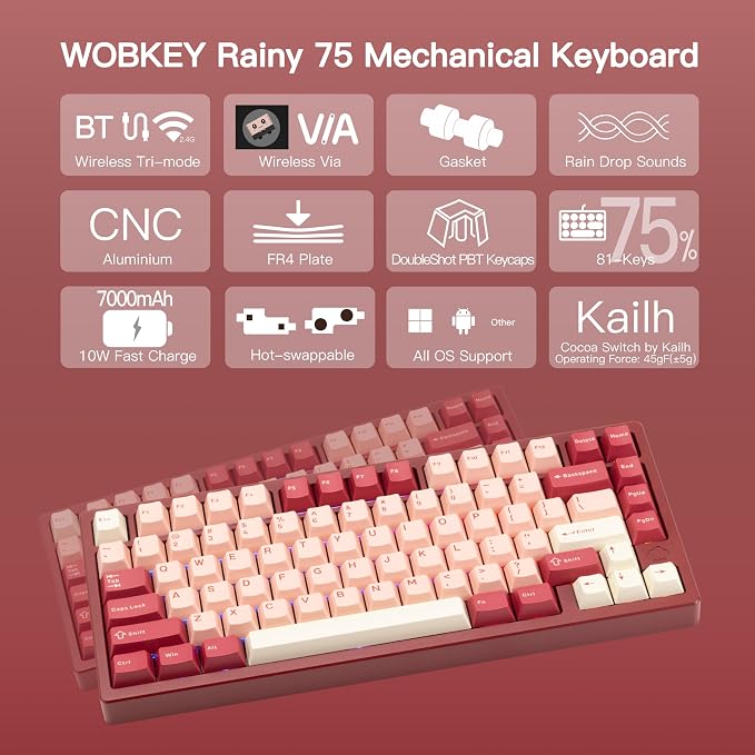KEEBMONKEY WOBKEY Rainy 75 CNC Aluminum HMX/JWK/Cocoa Switches Triple-Mode Connectivity Mechanical Keyboard with Superior Acoustics, RGB/FR4/Silver SUS304/7000mAh/Cocoa Switch (Pro - Red Velvet) - Image 2
