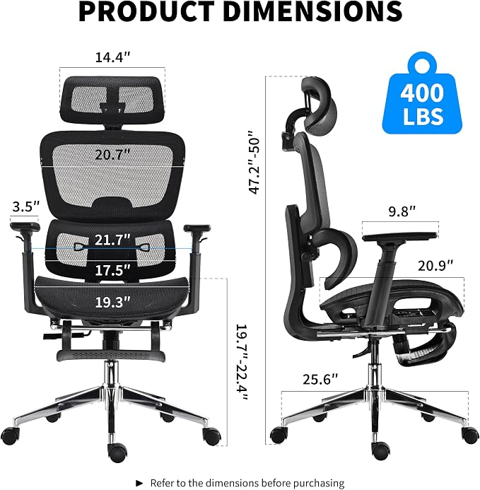 Mesh Ergonomic Office Chair with Footrest, Black | High Back, Lumbar Support, Adjustable Headrest and Armrests, Gaming Chair,Home Office Desk Chair - Image 2