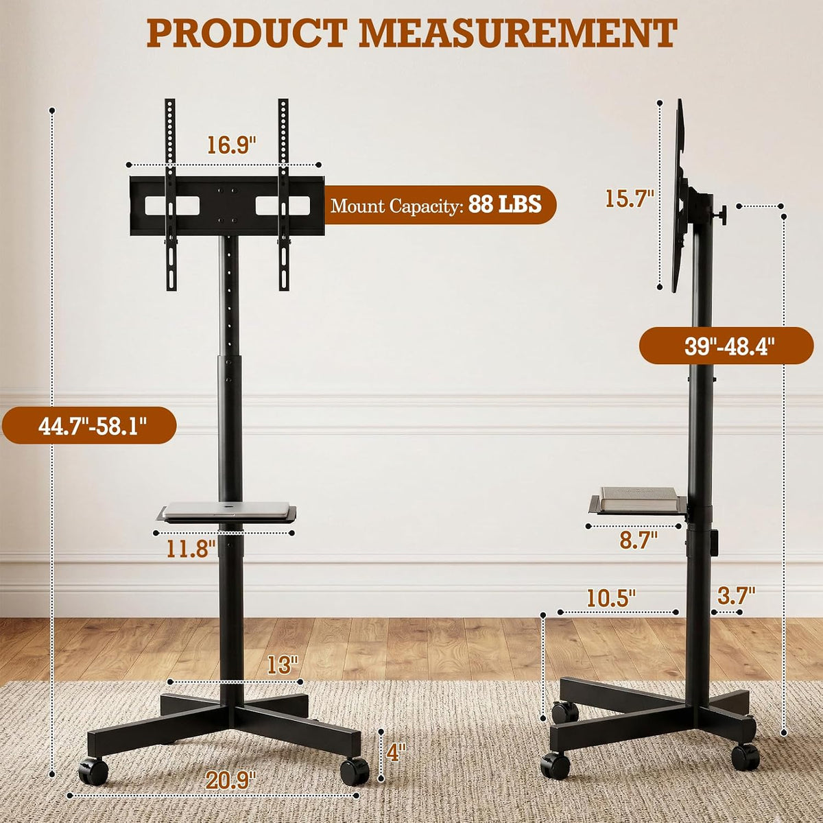 Rolling TV Stand with Wheels for 23-60 Inch Flat Curved TVs - Image 7