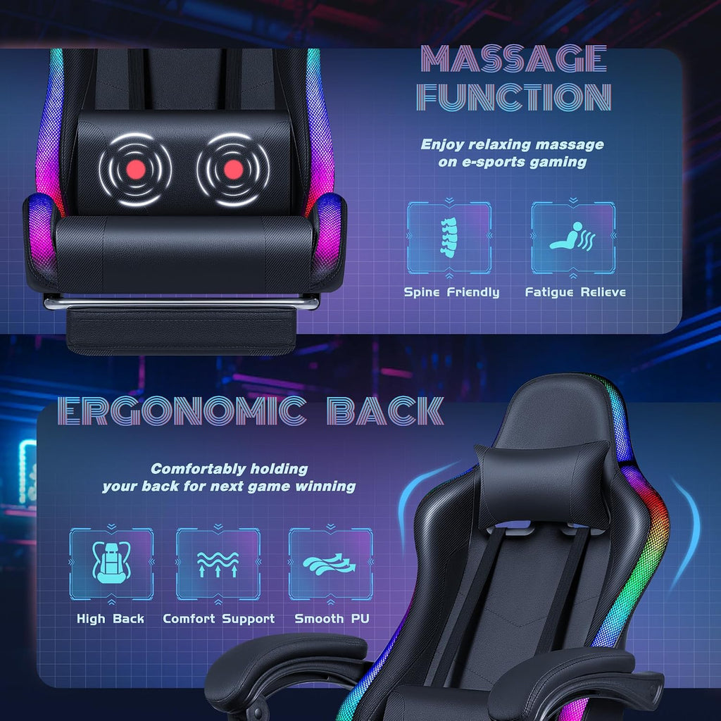 Furmax Gaming Chair with RGB LED Lights, Video Game Chair with Footrest and Massage Lumbar Support, High Back Reclining Computer Chair with Headrest, Swivel Seat Gamer Chair (LED Black) - Image 7