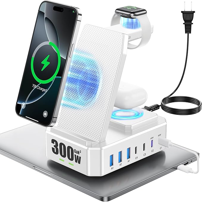 300W Charging Station for Multiple Devices Apple, Zutspzss 10 in 1 Wireless Charger for iPhone 17, GaN III USB C 65W PD Fast Charging Stand Dock for MacBook, Apple Watch&Airpods,White by Zutspzss