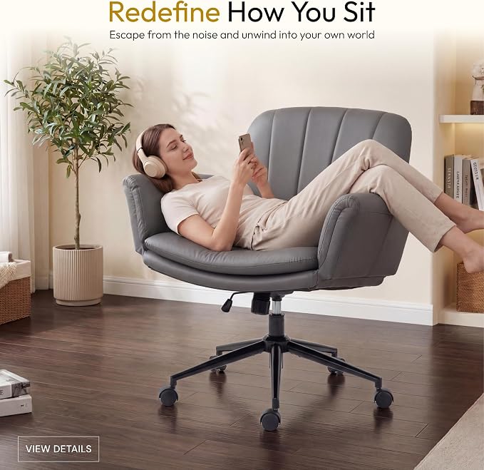 Dowinx Criss Cross Chair with Five-Level Adjustable Arms and Wheels - Comfortable Ergonomic PU Leather Swivel Vanity Chair - Computer Makeup Gaming Chair for Home Office, Bedroom, Vanity Room (Grey) - Image 7
