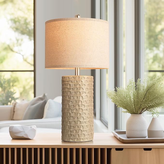 23" Modern Ceramic Table Lamp Set of 2, Table Lamps for Living Room, Rustic Farmhouse Bedside Lamps Nightstand lamp for Bedroom, Desk Lamp for End Table Home Decor Beige - Image 6