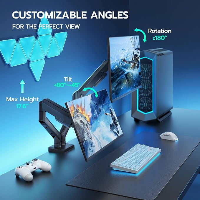 ARES WING Dual Monitor Mount for 17-35 inch Monitors, Black | Heavy Duty Monitor Arms for 2 Monitors, Fully Adjustable Monitor Desk Stand for Ultrawide Screen, VESA 75x75 or 100x100mm - Image 2