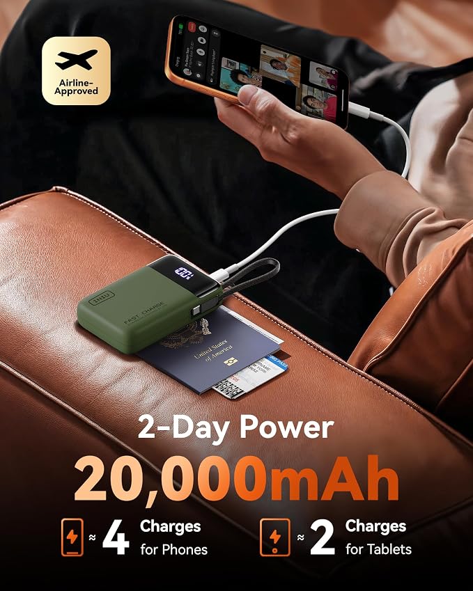 INIU Portable Charger, Smaller 45W Fast Charging Power Bank, 20000mAh Green | Flight-Safe, Built in USB-C Cable, Travel Essential, Battery Phone Pack for iPhone 17 16 Pro, Samsung S26, iPad etc, Green - Image 5