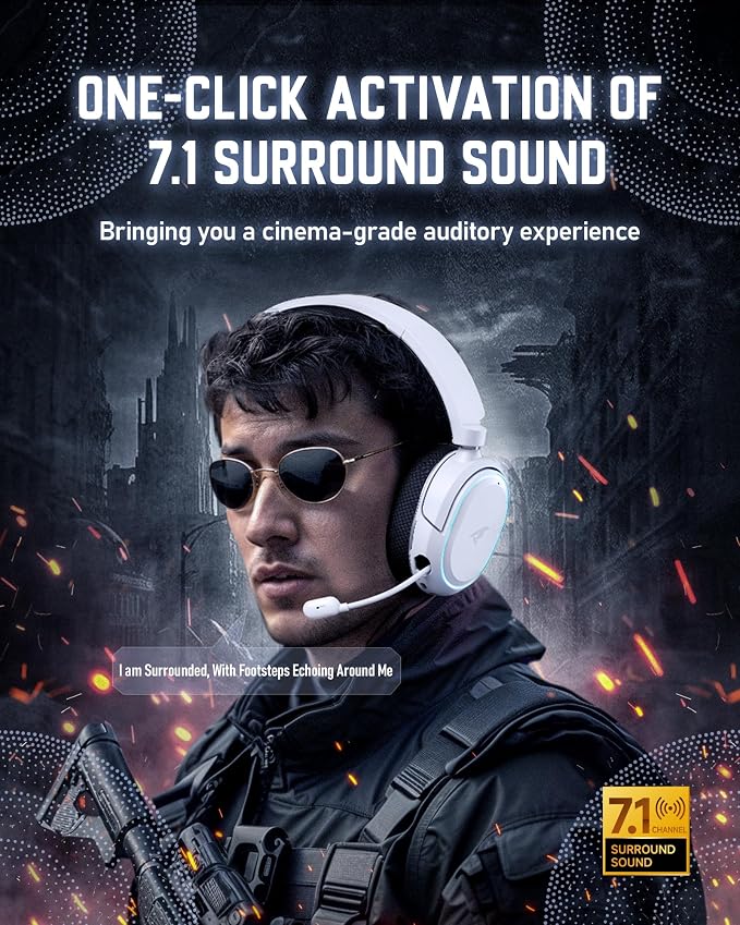 Wireless Gaming Headset, 7.1 Surround Sound, 2.4GHz USB Gaming Headphones with Bluetooth 5.4, 100H Battery, ENC Noise Canceling Mic, RGB Light, Wireless Headset for PC PS5 PS4 Mac Switch (Black-White) - Image 2