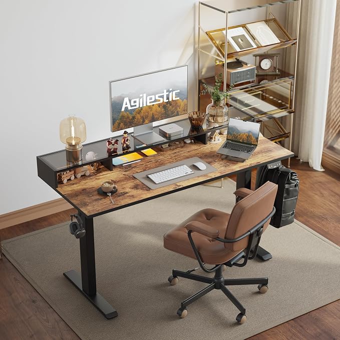 Agilestic 48*24 Inch Electric Standing Desk with Glass Shelf, Rustic Brown | Electric Height Adjustable, 2 Storage Drawer, Monitor Stand, Sturdy Steel Frame, Memory Presets, Hooks, 154 lbs, Splice Board - Image 2