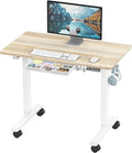 SHW Mobile Electric Height Adjustable Standing Desk w/Drawer, Maple | 40" Wide Top | w/ Memory Presets and Cable Management | Drawer with adjustable compartments | Hanging Hooks by SHW