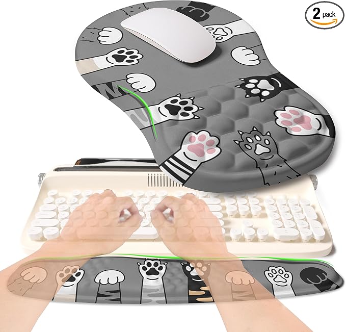 2-in-1 Ergonomic Set, Wave Rise Keyboard Wrist Rest and Massage Bulge Slope Mouse Pad Wrist Support, Cushion Memory Foam Integrated to Relieve Wrist Pain, Cute Cat Paws by KUOSGM