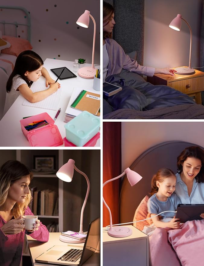 BOHON Cute Desk Lamp for Home Office with USB C+A Charging Port Timer Pink | LED Desk Light with Wireless Charger 5 Colors Stepless Dimming Reading Light Touch Bedside Table Lamp for College Dorm Room - Image 7