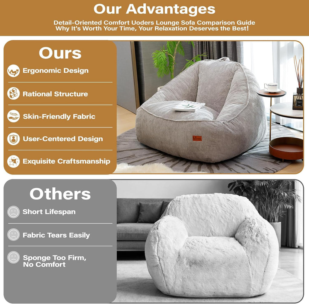 Giant Bean Bag Chair for Adults Teens and Kids, Cozy Fluffy Corduroy Beanbag Chair with Filler Large Floor Lounge Sofa for Living Room, Bedroom (L-Light Grey) - Image 7