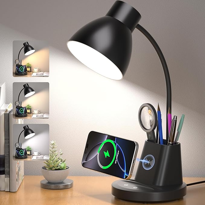 10W Wireless Charging LED Desk Lamp with Pen Holder, CRI 95, Black | 800LM, 3 Modes, 360°Flexible Arm, Touch, Brightness, Table Lamp for Home Office, Dorm, Bedside, Study, Reading, with Adapter by Sailstar