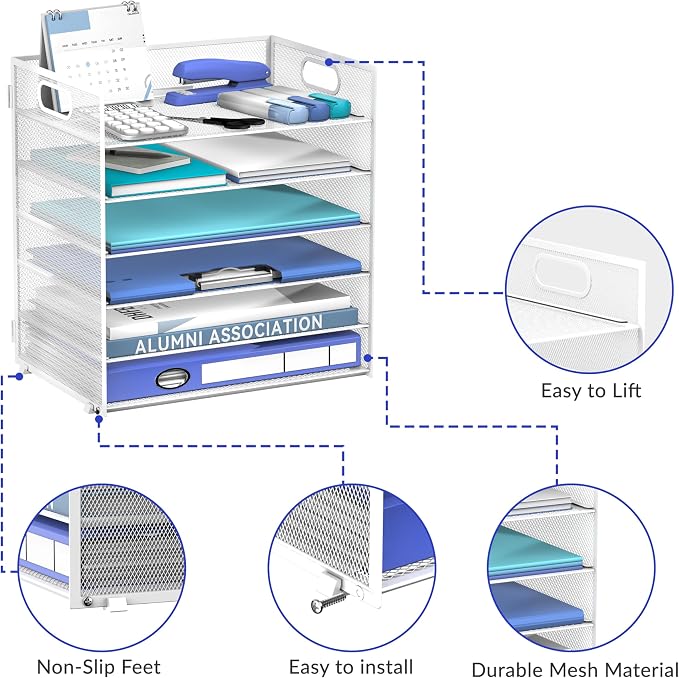 Daltack 6-Tier Paper Organizer for Desk with Handle, White, 2 Pack | Sturdy Metal Mesh Organizer with Movable Middle Trays and a Carry Handle for Papers, Folders and Office Supplies - Image 4