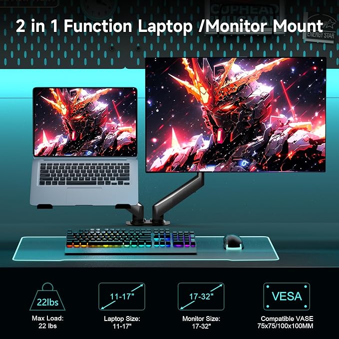Pholiten Monitor and Laptop Mount for Max 32" Screen and 17" Notebook | Dual Monitor Mount Holds up to 22lbs Each, Laptop Tray Stand with Gas Spring Arm, VESA 75x75/100x100mm - Image 4