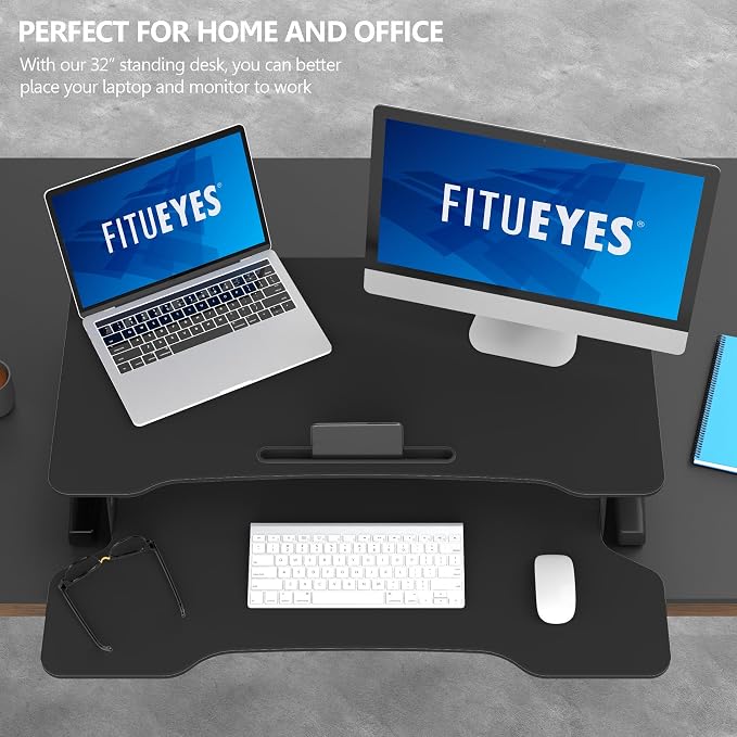 FITUEYES Height Adjustable Standing Desk 32” Wide Sit to Stand Converter | Standing Desk Converter,Stand Up Desk Riser,for Dual Monitor Riser,Tabletop Workstation for Home Office,Easy Assembly - Image 3