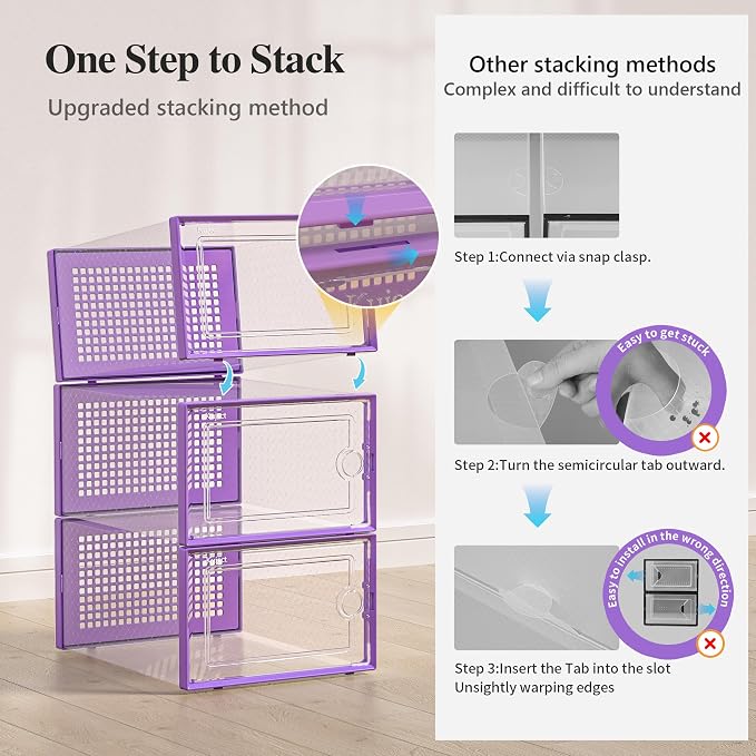 Kuject X-Large Shoe Storage Boxes 12 Pack, Clear Stackable Shoe Organizer | Shoe Case for Closet, Entryway & Under-Bed Storage, Drop-Front Design, Space-Saving Solution for Family Organization,Purple - Image 4