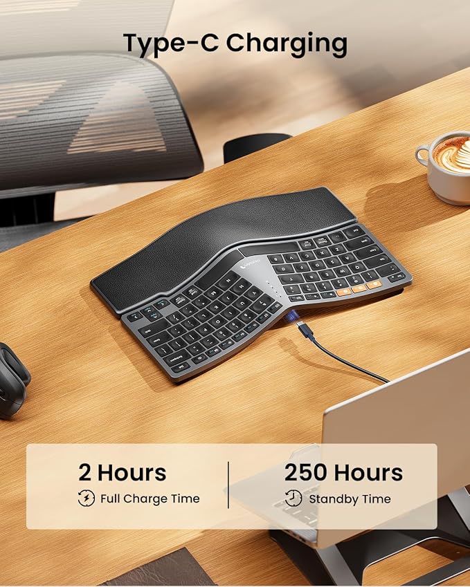 ProtoArc EK04 Mini Compact Wireless Ergonomic Keyboard - Space Gray | Hard Palm Rest, 3-Device Bluetooth/2.4G, Split Design, Rechargeable, Compatible with Windows, Mac OS - Image 8