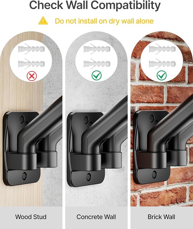 monTEK Dual Monitor Wall Mount, Full Motion Spring Arm for 17-32" Screen | Holds to 19.8 lbs Each, Heigt Adjustable Mechanical Spring Monitor Arm, 75x75/100x100 VESA Wall Mount, Wobble-free, Black - Image 6
