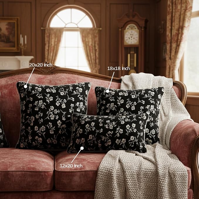 12x20 Chenille Jacquard Lumbar Pillow Cover, Black Vintage Floral Cushion Case with Piped Edges, Decorative Back Support for Sofa, Bed & Chair, 2 Pack - Image 5