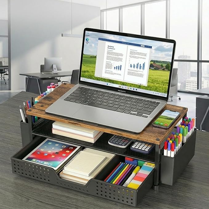 Desk Organizer and Accessories, 2-Tier Computer Monitor Stand Rise with Phone Holder, Drawer & 2 Pen Holders, Laptop & Printer Stand for Desktop, Workspace Organizers for Office Supplies (Brown Wood) - Image 6