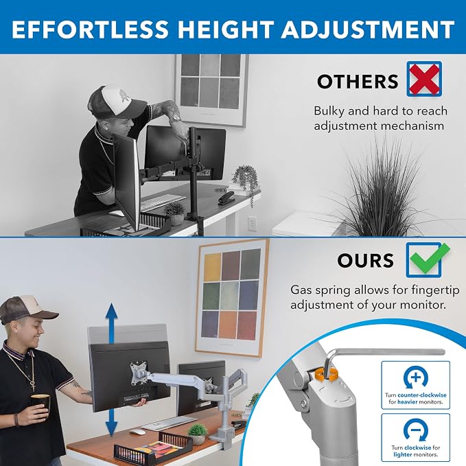 Mount-It! Dual Monitor Mount - Monitor Stands for 2 Monitors, Computer Arms on Desk Stand, Gas Spring Height Adjustable Desk Mount in Silver, VESA 75, 100 Fits Screens Up to 32", Silver Color - Image 4