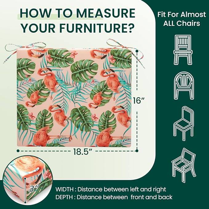 HARBOREST Outdoor Chair Cushions Set of 4, Water Resistant Patio Chair Cushions with Ties, Square Corner Outdoor Seat Cushions for Patio Furniture, 18.5"x16"x3", Flamingo - Image 6