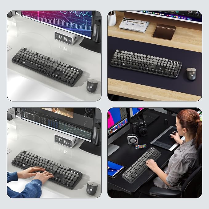 Wireless Keyboard and Mouse Combo - Cute Colorful Mouse and Keyboard 2.4G Full-Sized with 104 Round Keys Retro Typewriter Keyboards for Laptop/Windows/PC - Grey Gradient - Image 7