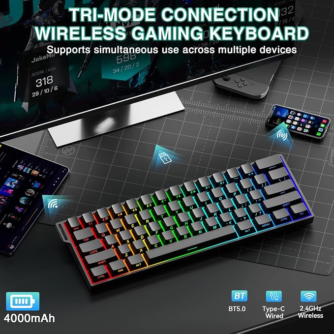 Aula MINI60 HE PRO Wireless Gaming Keyboard 60%,Hall Effect Rapid Trigger Magnetic Keyboard,8000Hz Polling,Tri-Mode(BT5.0/2.4GHz/USB-C),RGB Hot Swappable Compact Mechanical Keyboard for Gamer(Black) - Image 3
