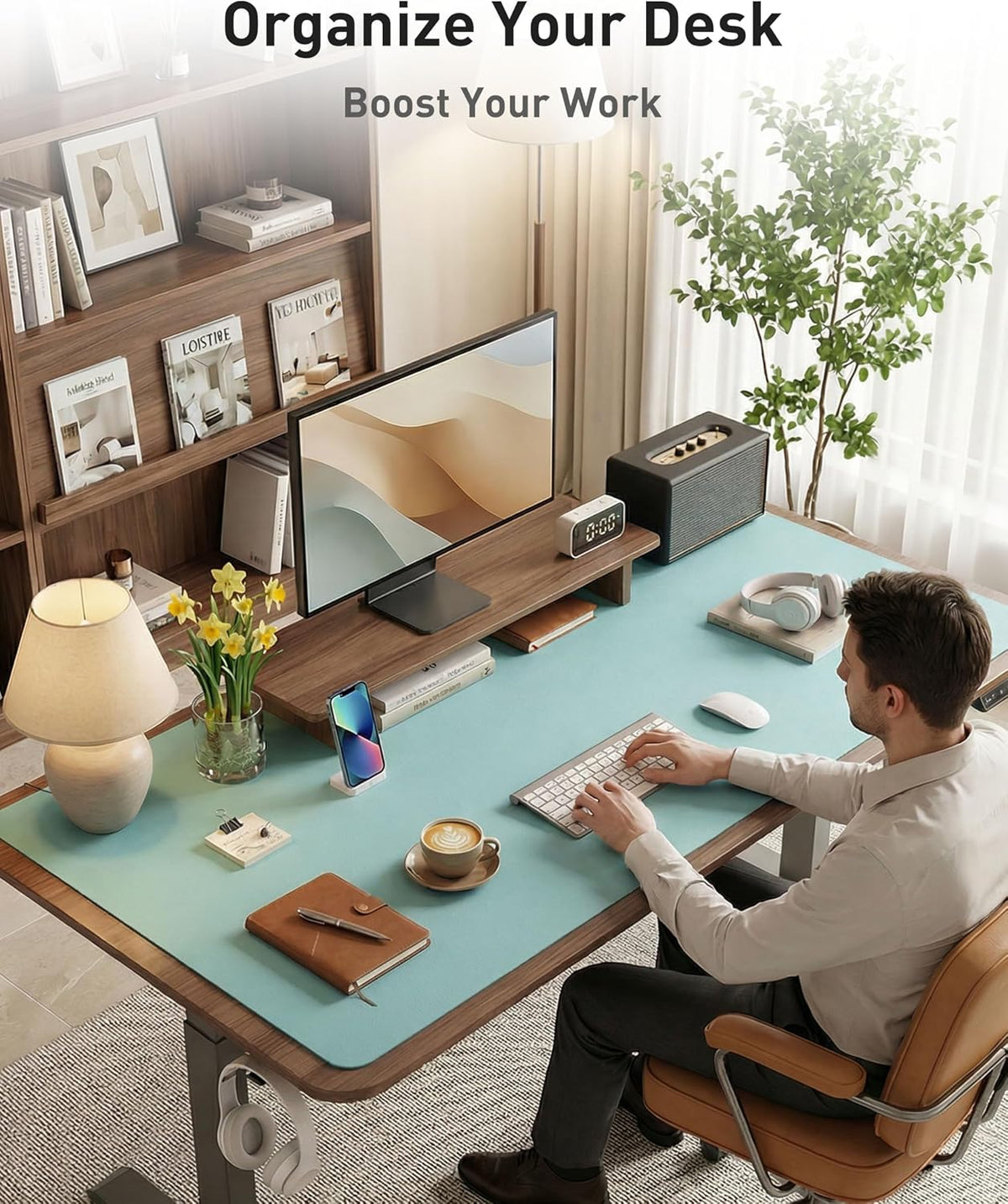 Aothia Faux Leather Desk Mat - Large Mouse Pad, Non-Slip PU Leather Blotter, Waterproof Writing Surface for Office and Home (Blue Topaz, 63" x 17") - Image 8