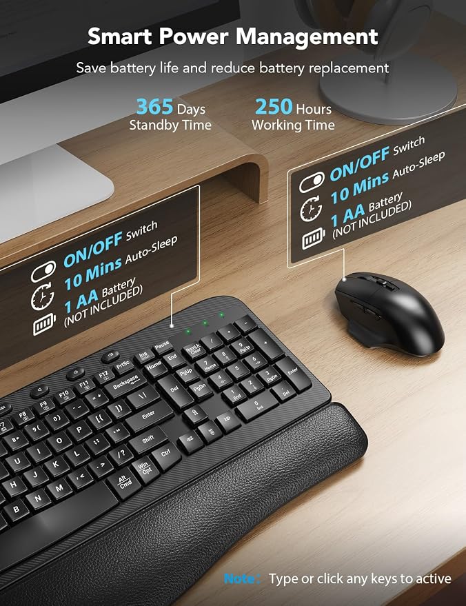 Wireless Keyboard and Mouse Combo with Ergonomic Wave Keys | Leather Soft Palm Rest, 2.4G Full Size, 6-Button Mouse, 4-Level DPI, USB-A/C, MA12 Silent Set for PC, Laptop, Windows, macOS - Image 6