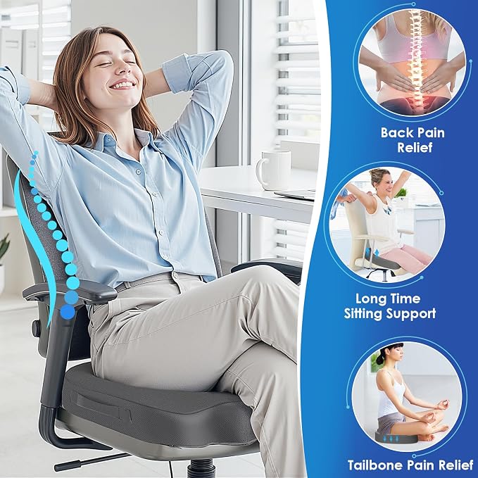 Seat Cushion for Office Chair, Car, Memory Foam, Grey X-Large | For Back, Coccyx, Sciatica, Tailbone Pain, Ergonomic Design, Non-Slip, Desk Wheelchair Use, Supportive Butt Pillow, For Man - Image 5
