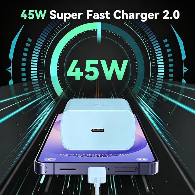 45W Super Fast Charger USB C Android Phone Type C Charger Fast Charging Block with 10FT Cord for Samsung Galaxy S26/S26 Ultra/S26+/S25 Ultra/S25/S24 Ultra/S24/S23 Ultra/S22/S21/S20/Note 10, Blue - Image 6