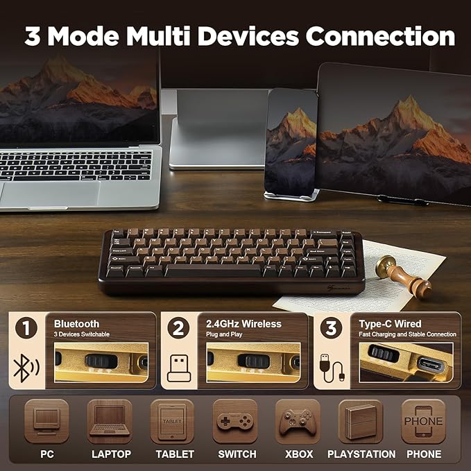 YUNZII WOOD68 65% Wireless Hot Swap RGB Mechanical Keyboard (Wood, Candy) | Tray Mount, Pre-lubed Linear Switche,BT/2.4G/USB-C,PBT Double-shot Keycaps,Wooden case for Retro Gamers & Desk Setups - Image 3