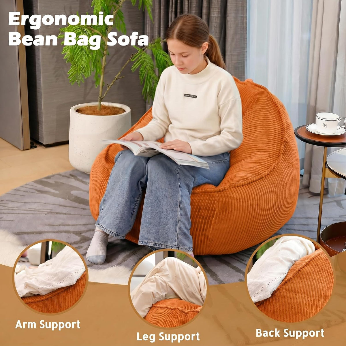 Bean Bag Chair, Cozy Fluffy Beanbag Chairs with Filler for Teens and Kids, Floor Lazy Sofa for Living Room Gaming & Reading (S-Burnt Orange) - Image 3