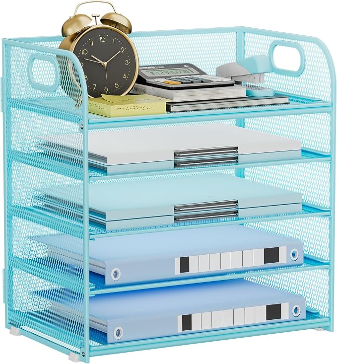 Paper Organizer Letter Tray with Handle Mesh 5-Tier | Stackable Desk Organizer for Files/Paper/Office Supplies, Sturdy Carbon Steel Desk Organizer for Home Office & Classroom by Kinkota