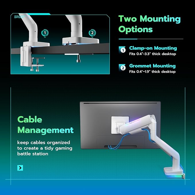 ARES WING Ultrawide Monitor arm with RGB for 17-49 Inch Screen, White | Heavy Duty Gas Spring Single Monitor Arm, Adjustable Gaming Computer Monitor Arm for Desk up to 44lbs - Image 8
