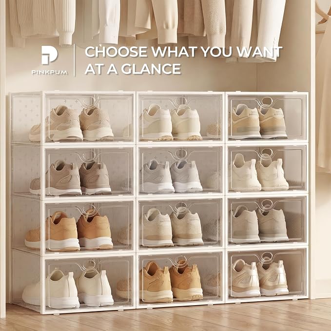 Pinkpum 12 Pack X-Large Shoe Storage Boxes, Shoe Organizer Clear Stackable | Fit US Size 11, 6.2” Height, Shoe Dispaly Case Holder Bins Sneaker Storage for Sneakerheads, For Home and Family, White - Image 6