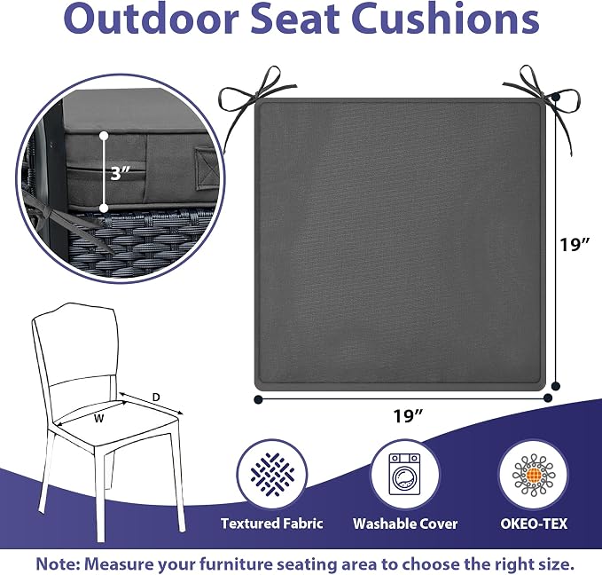 IPYNBAP Outdoor Chair Cushions Set of 4 -Waterproof Outdoor Seat Cushions for Patio Furniture, Patio Chair Cushion with Handle and Ties, Out Door Chair Pads,19x19x3-Square, Darkgrey - Image 6