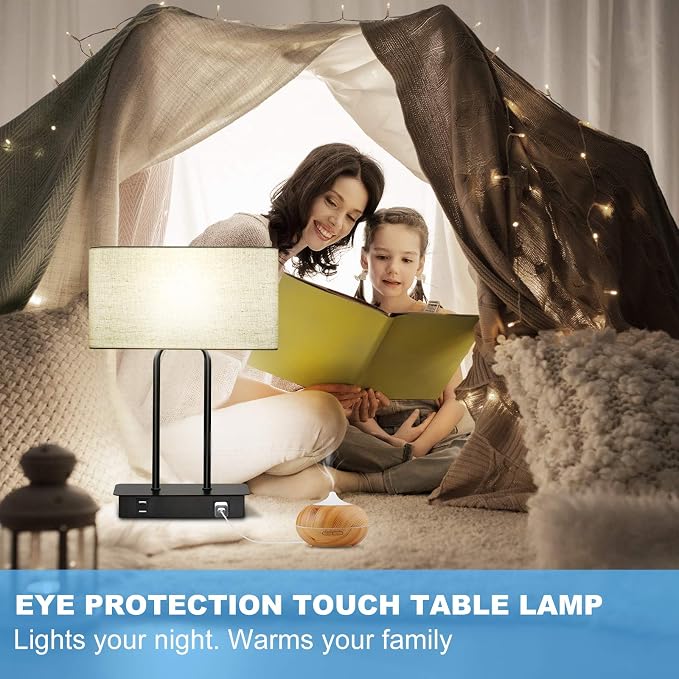 Bedside Touch Control 3 Way Dimmable Table Lamp with Cream Fabric Shade | Dual USB Charging Ports 1 AC Outlet, Modern Nightstand Lamp, Desk Lamp for Bedroom Living Room Office with 5000K LED Bulb - Image 9