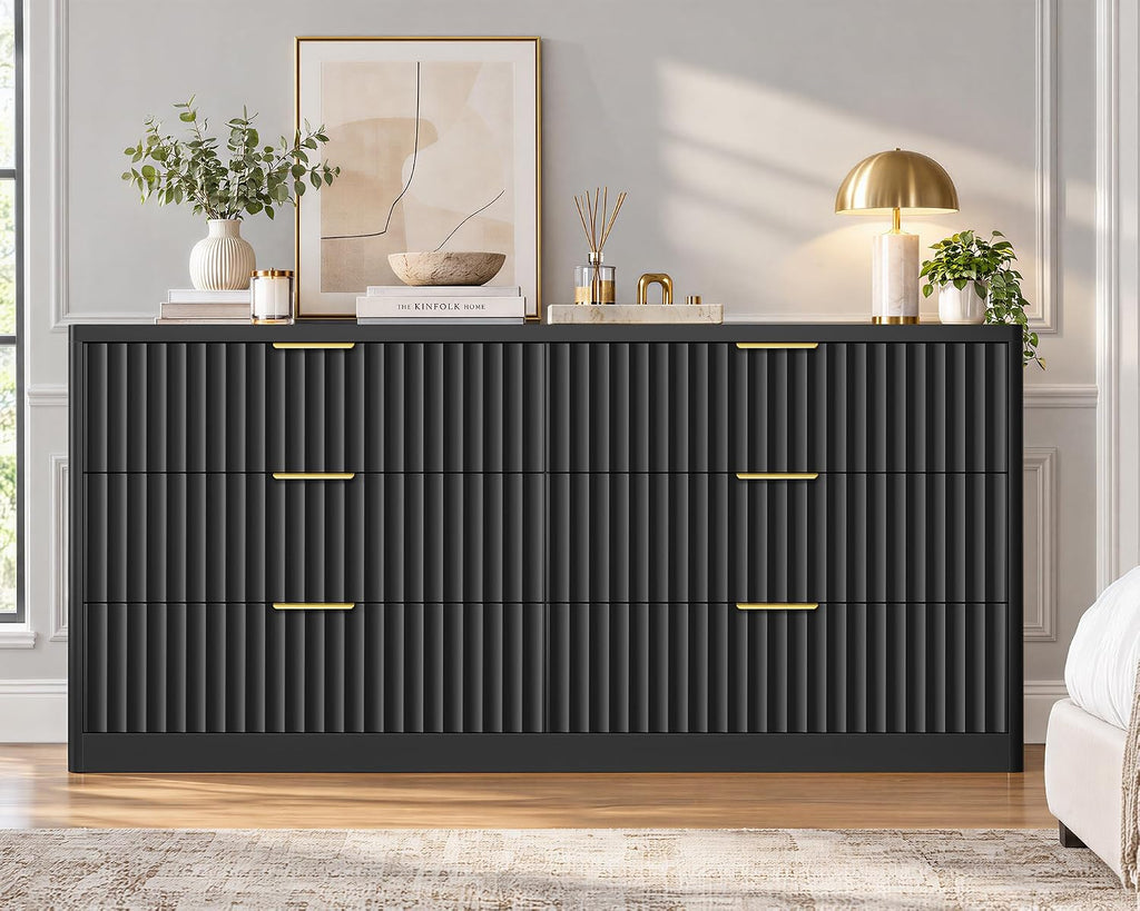 TEENFON 56.3'' Dresser for Bedroom with 6 Drawers, Dressers & Chest of Drawers with Curved Profile Design, 6 Drawer Dresser, Fluted Dressers, Wood Dressers for Bedroom, Living Room, Black - Image 5