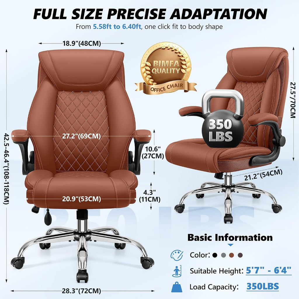 Executive Office Chair with Lumbar Support, Big and Tall Ergonomic Computer Desk Chair, Leather Comfy High Back Gaming Chair with Flip Up Arms & Rocking Function for Home Office, Brown - Image 3