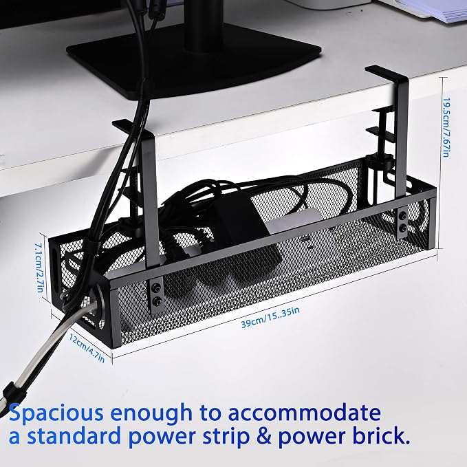 Under Desk Cable Management Tray Small – Clamp-Mounted Wire Organizer & Cord Management Under Desk Rack, No-Drill Metal Cable Organizer for Home Office (Black) - Image 4