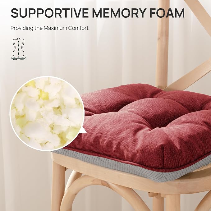 Love's cabin Memory Foam Chair Cushions Set of 4, 19 Inch, Burgundy | 19"x19"x3.5", Indoor & Outdoor Chair Seat Pads with Non-slip Bottom and Ties, for Dining, Kitchen, Office and Patio Chair - Image 4