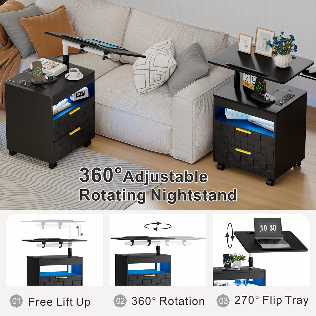 Rolling Nightstand with Wheels, LED Lights, Charging Station - Image 3