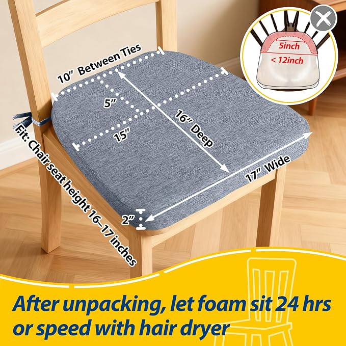 AAAAAcessories D-Shaped Chair Cushions, 2" Thick Dining Chair Pads with Ties and Removable, Machine-Washable Cover, 17" x 16", Set of 4, Light Blue - Image 2