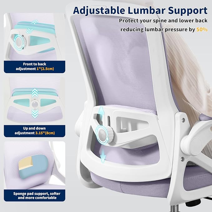 Ergonomic Office Chair Desk Chair with Adjustable Lumbar Support | Mesh Computer Chair Home Office Desk Chair with Flip-up Armrests Executive Task Chair Comfy Mesh Gaming Chair(Lavender) - Image 4