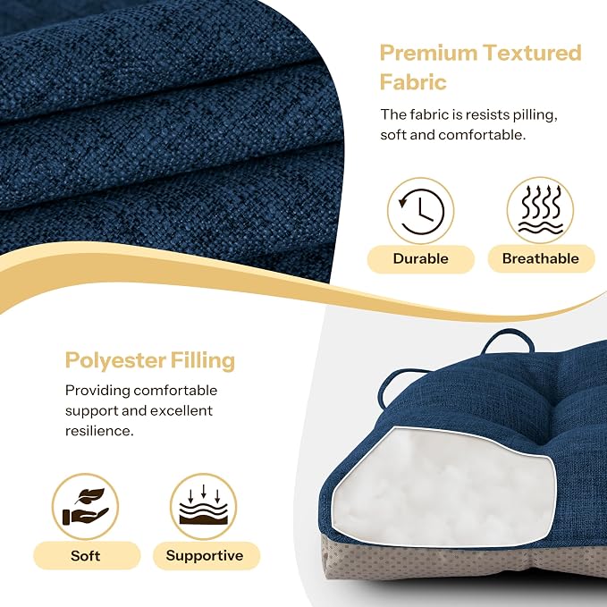Chair Cushions for Dining Chairs Set of 2, 18"x18"x3", Navy | Non-Slip with Ties, Tufted, Faux Linen, Seat Cushions for Dining Room Kitchen Breakfast Nook Indoor Home Office Living Room - Image 4