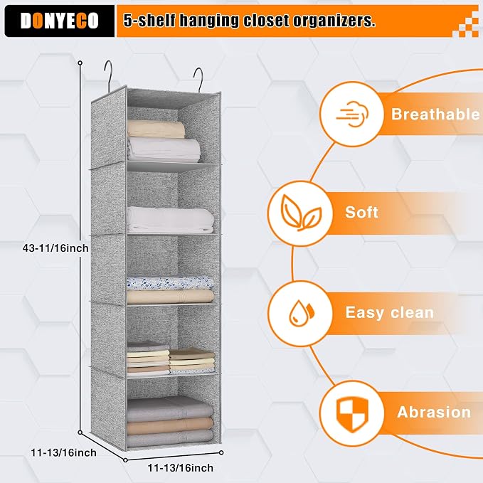 Hanging Closet Organizer 5-Shelf, Oxford Linen Wardrobe Storage, Gray | Easy-mount foldable design holds clothes, handbags, shoes & accessories; washable Oxford fabric, sturdy and space-saving. - Image 3