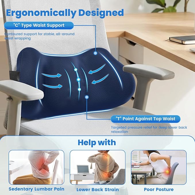 Lumbar Support Pillow, Memory Foam Back Cushion for Office Chair Car, Blue | Ergonomic Lower Back Support with Adjustable Strap, Breathable Removable Cover for Couch, Wheelchair and Daily Comfort - Image 2