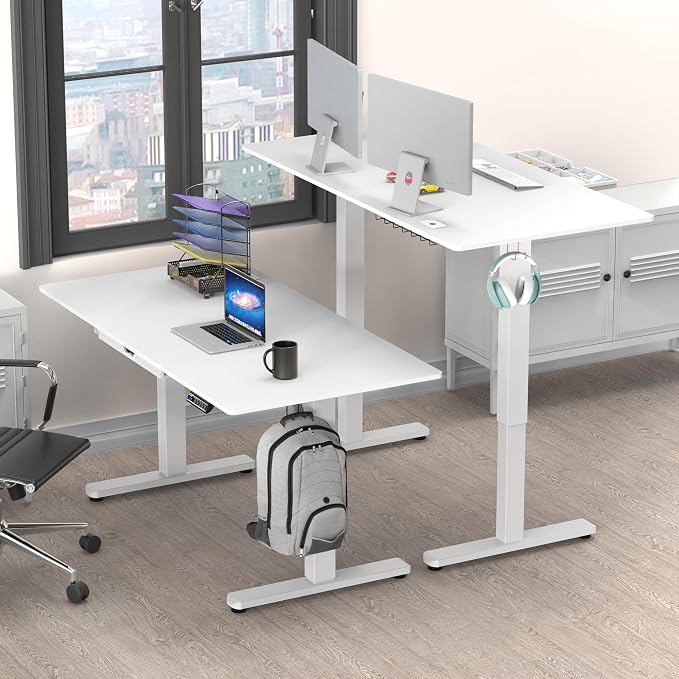 SHW 55 x 28 Electric Height Adjustable Standing Desk w/Drawer, White | w/ Memory Presets and Cable Management | Drawer with adjustable compartments | Hanging Hooks - Image 2